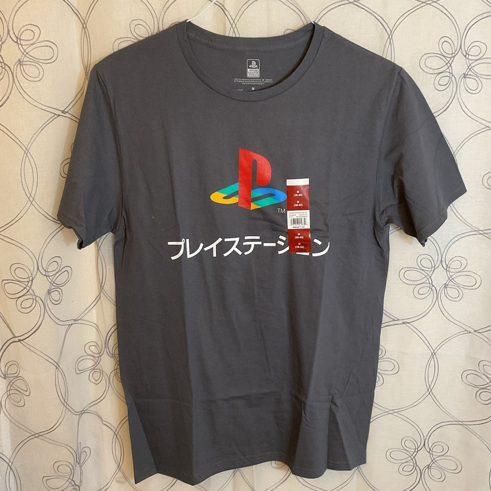 NWT PlayStation Men's Graphic Tee Short Sleeves Kanji Design Gray Size Medium